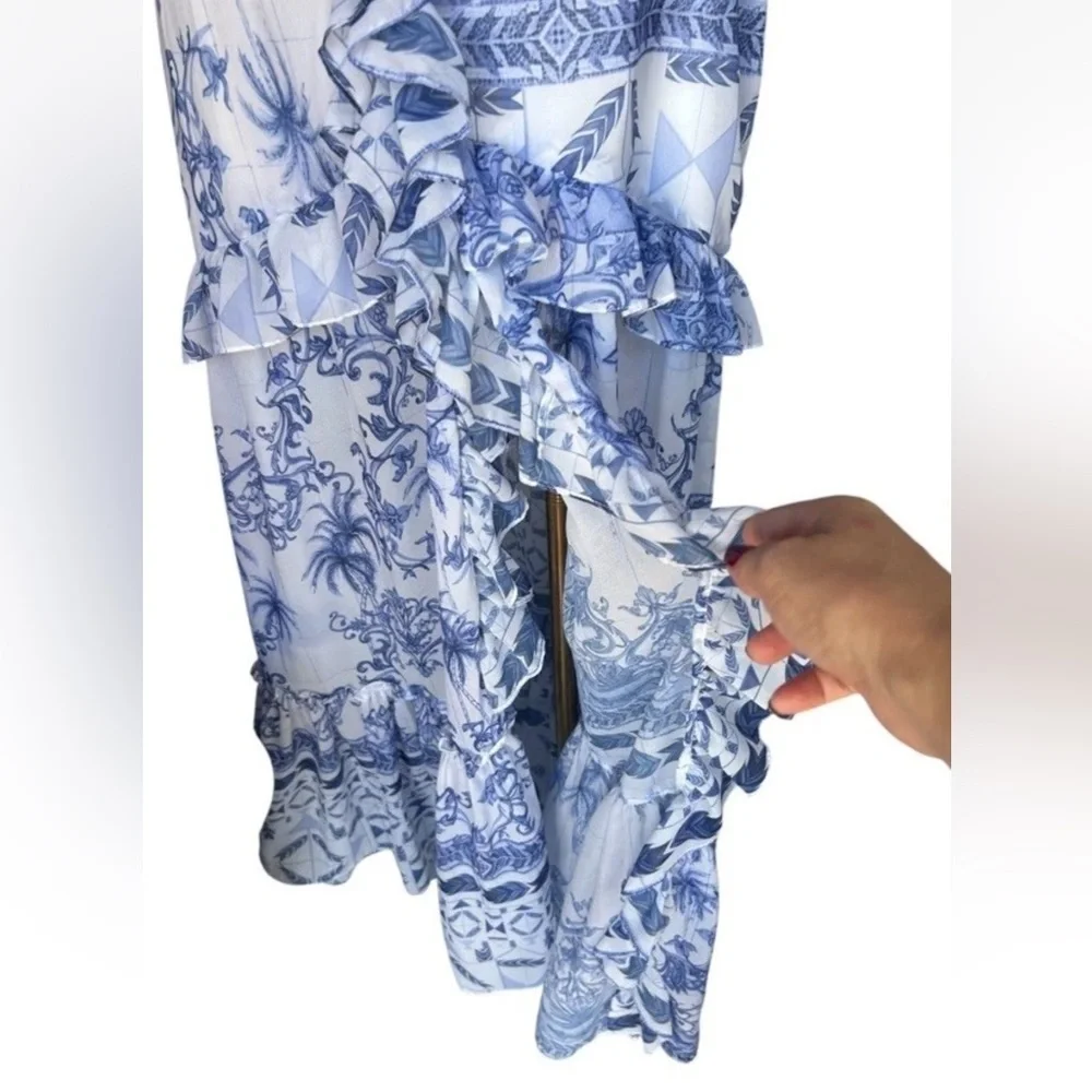 PatBO Amalfi Convertible White/Blue Printed Ruffle Chiffon Maxi Dress Size XS